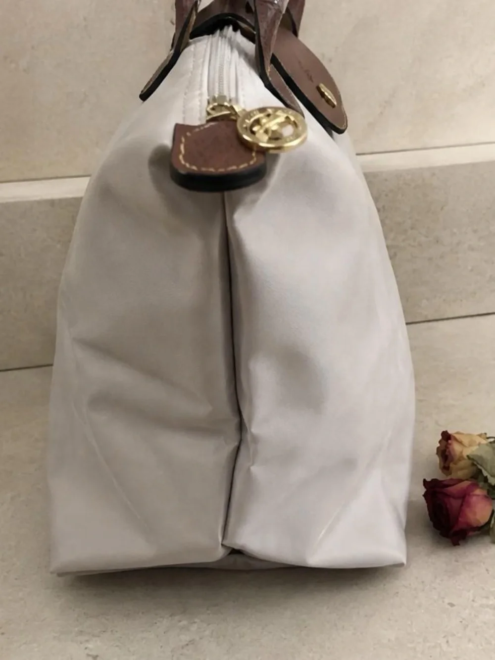 Longchamp Light Gray Tote with Brown Leather Trim